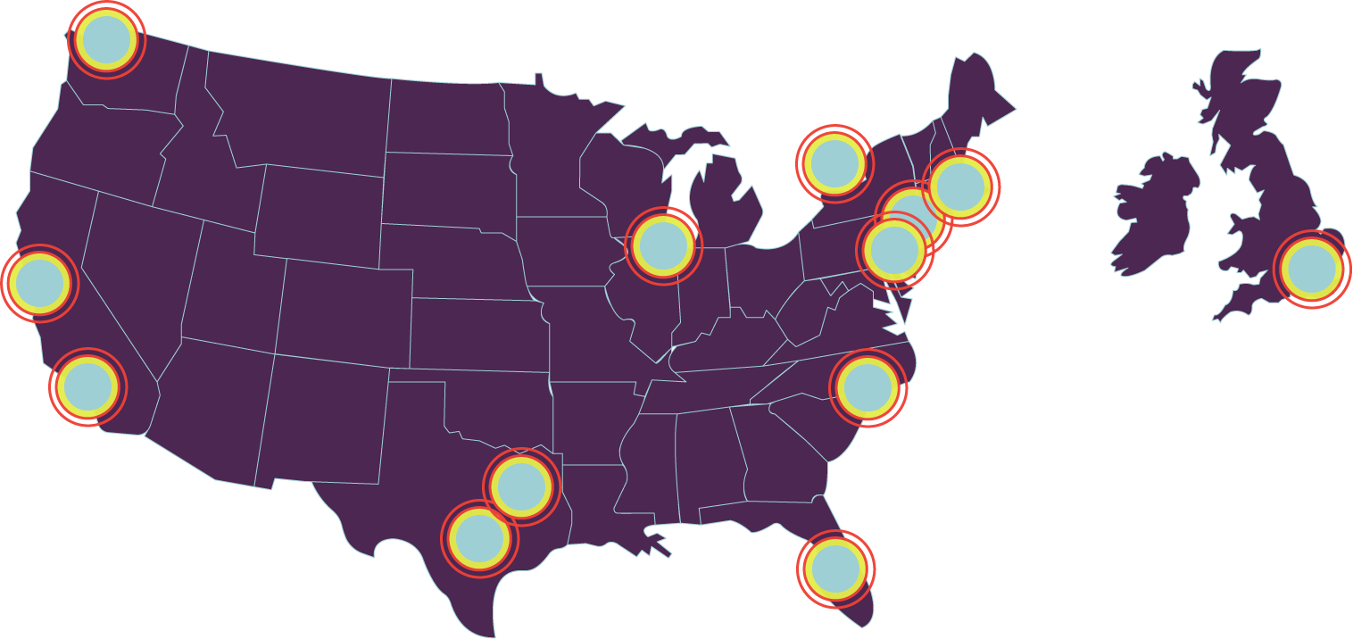 Map with NITW locations marked |  in the US: Seattle, San Francisco, Los Angeles, Dallas, Austin, Chicago, Tampa, Raleigh, Rochester, New York, Boston, Philadelphia; in the UK: London